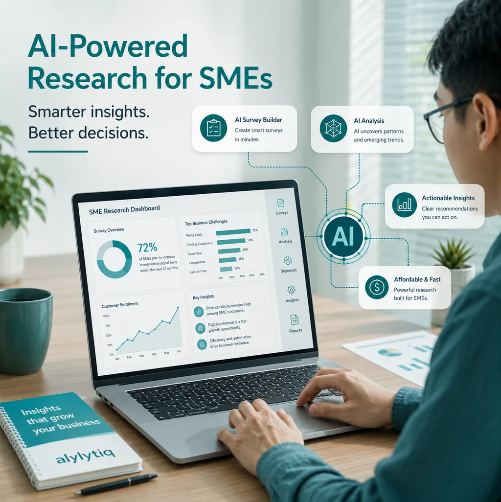 A person working at a laptop showing an SME research dashboard, with labels for AI survey building, analysis, insights and reporting