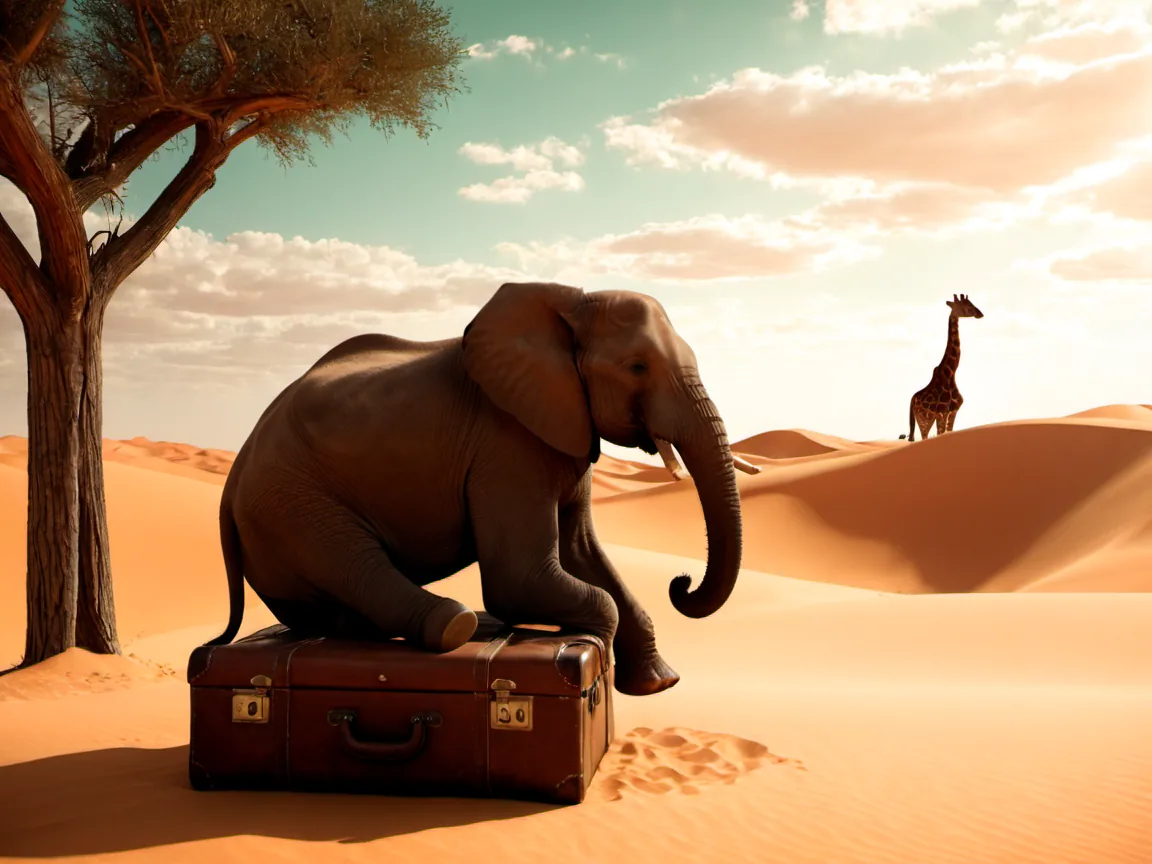 An elephant sitting on a vintage leather suitcase on golden desert sand, a giraffe on the dune behind, under a teal sky